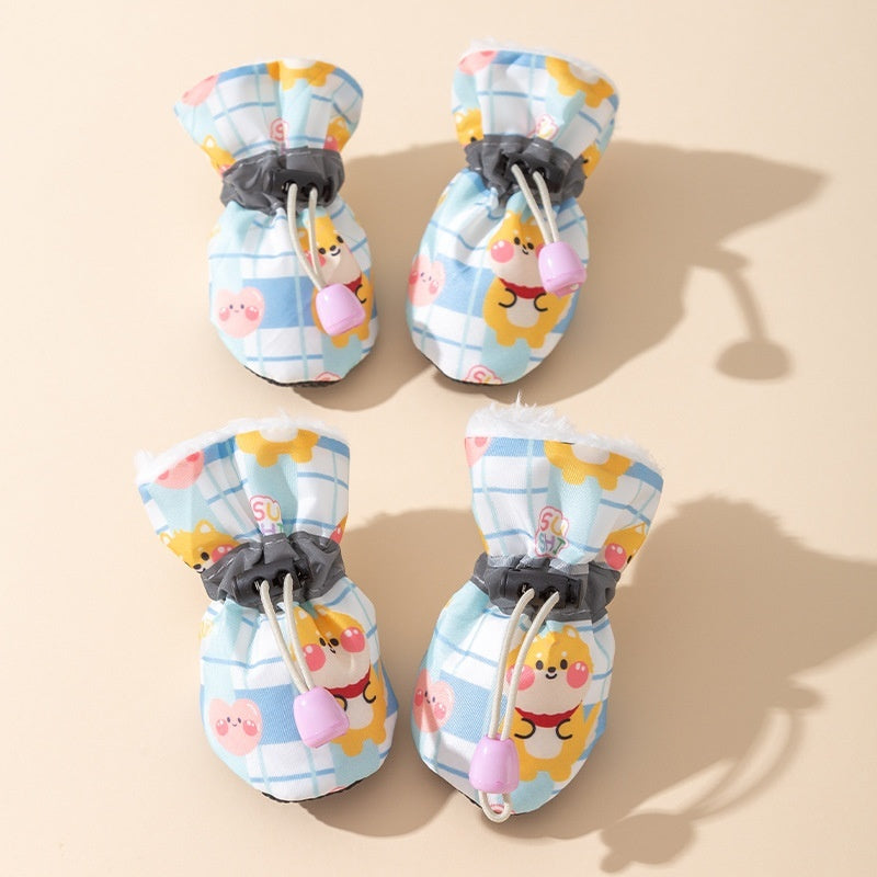 KFX-8756669 Soft Soled Warm Velvet Dog Shoes in Sunflower Lion Plaid Design - 4 Pack