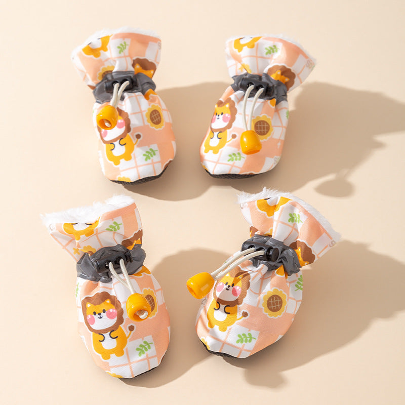 KFX-8756669 Soft Soled Warm Velvet Dog Shoes in Sunflower Lion Plaid Design - 4 Pack