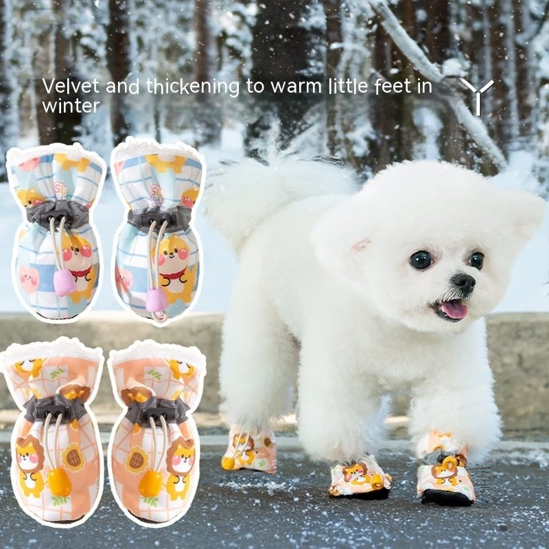 KFX-8756669 Soft Soled Warm Velvet Dog Shoes in Sunflower Lion Plaid Design - 4 Pack