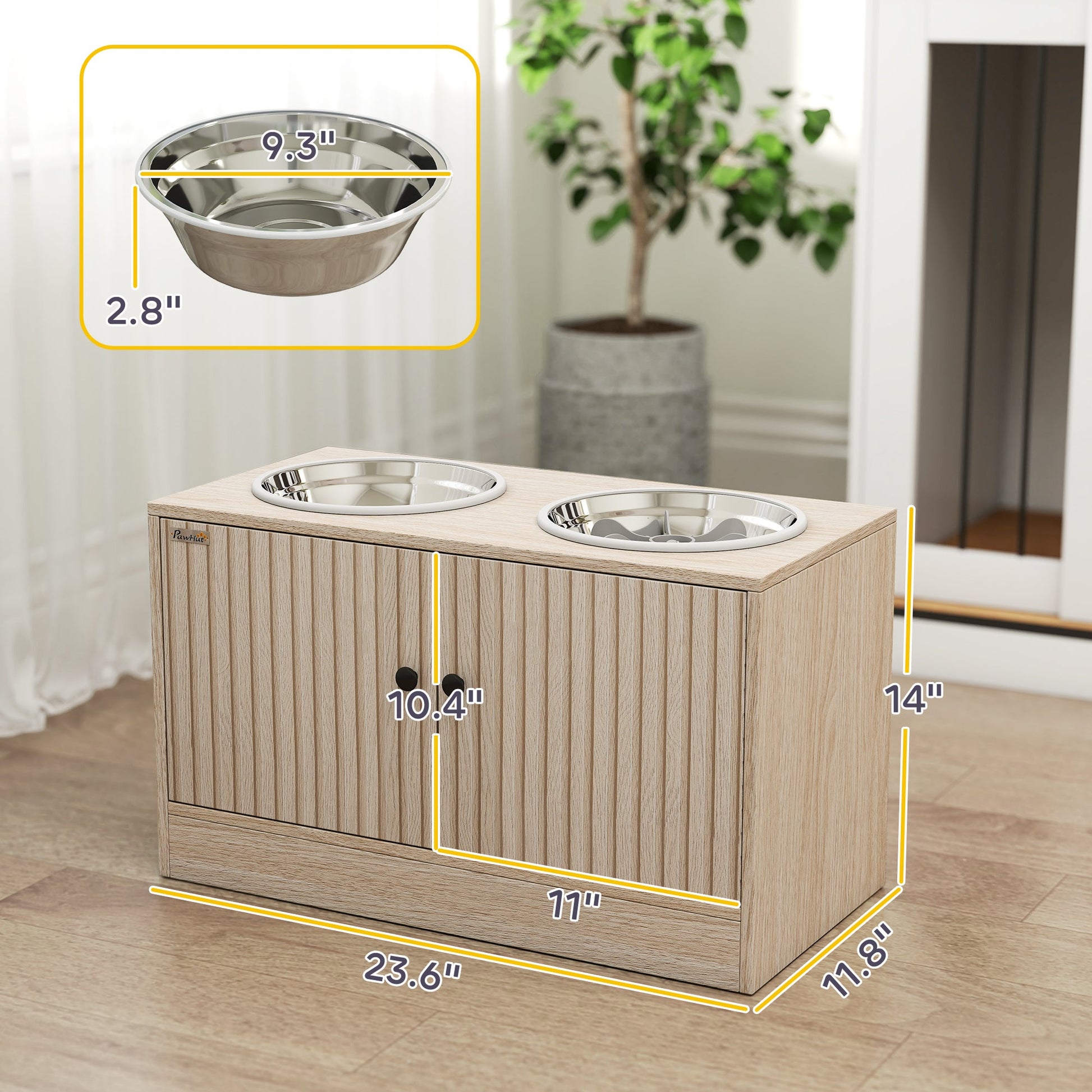 KFX-8761789 Elevated Dog Feeding Station with Storage Cabinet and Stainless Steel Bowls for Large Dogs - Oak Finish