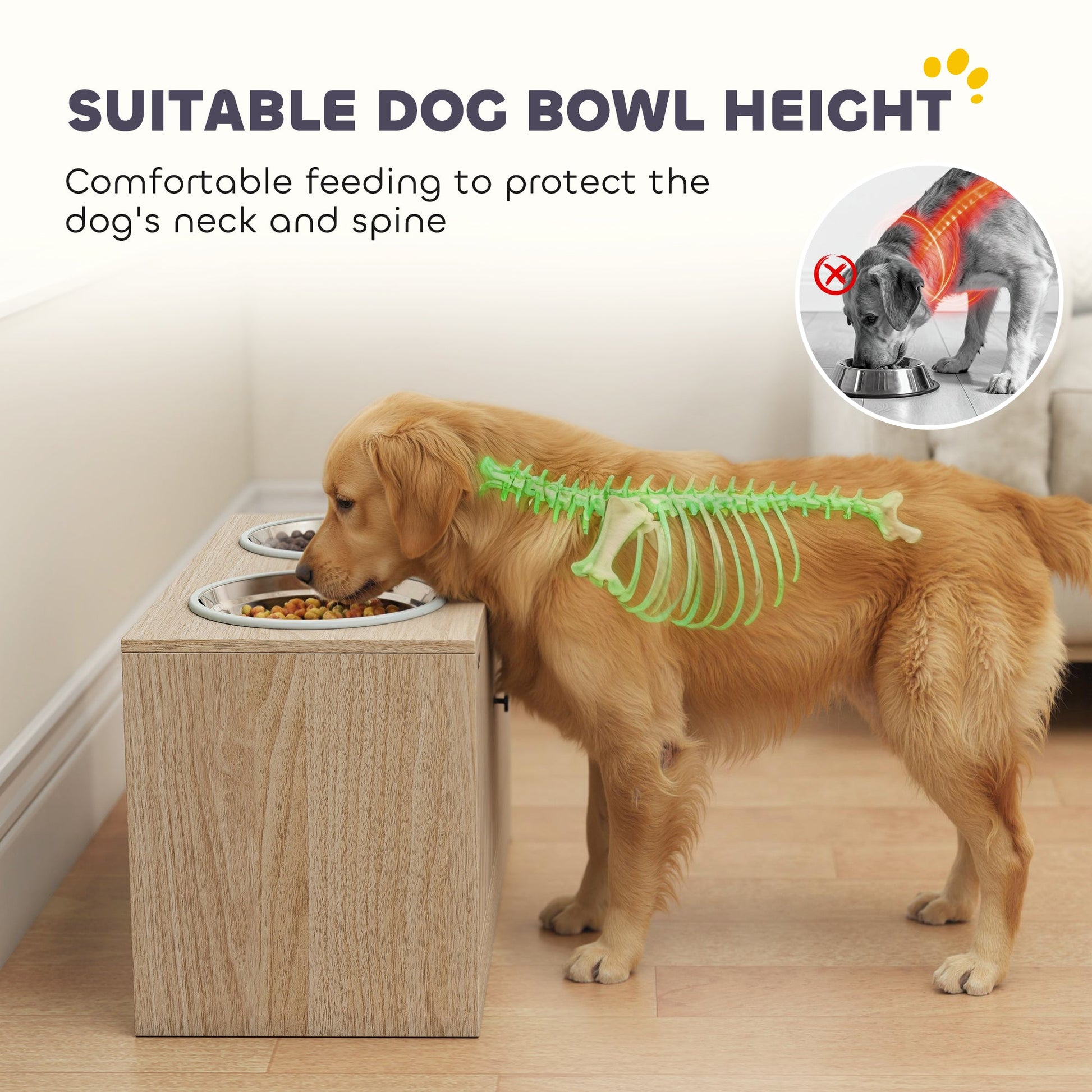 KFX-8761789 Elevated Dog Feeding Station with Storage Cabinet and Stainless Steel Bowls for Large Dogs - Oak Finish