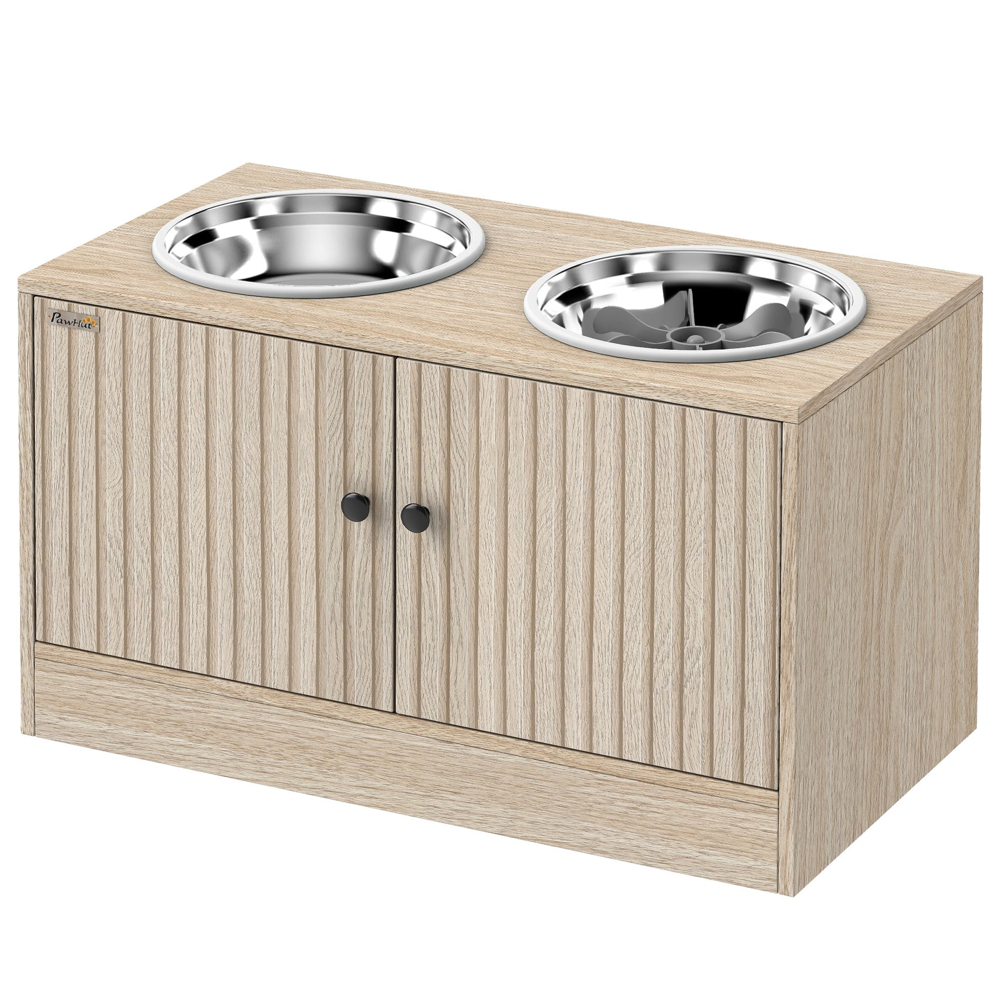 KFX-8761789 Elevated Dog Feeding Station with Storage Cabinet and Stainless Steel Bowls for Large Dogs - Oak Finish