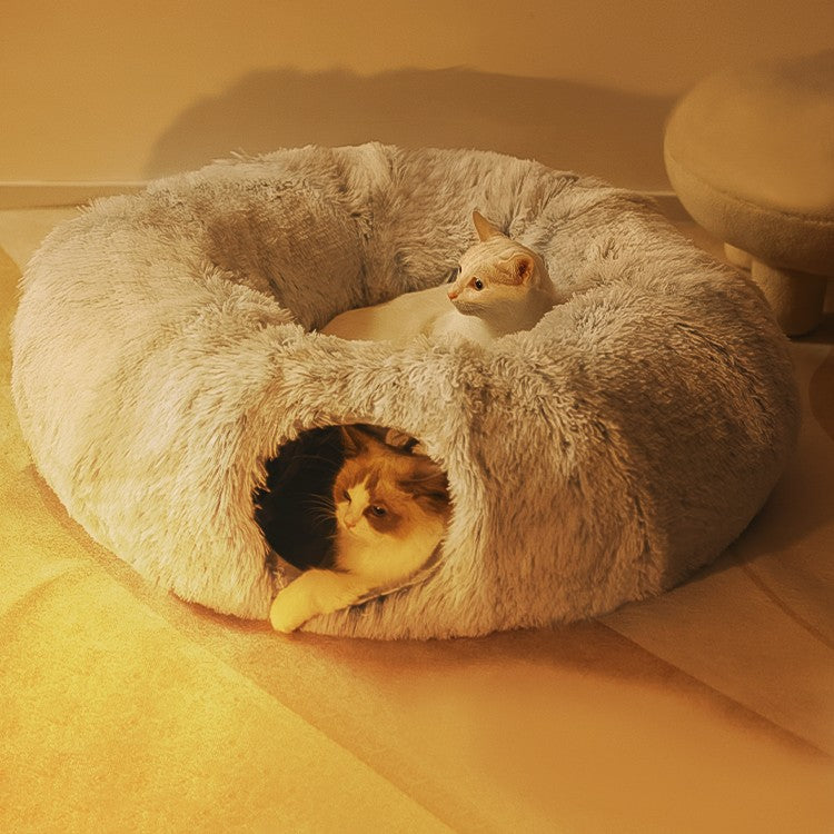 KFX-8765629 Cozy Rainbow and Gray Plush Cat Nest Tunnel for Multiple Cats - 95cm Diameter