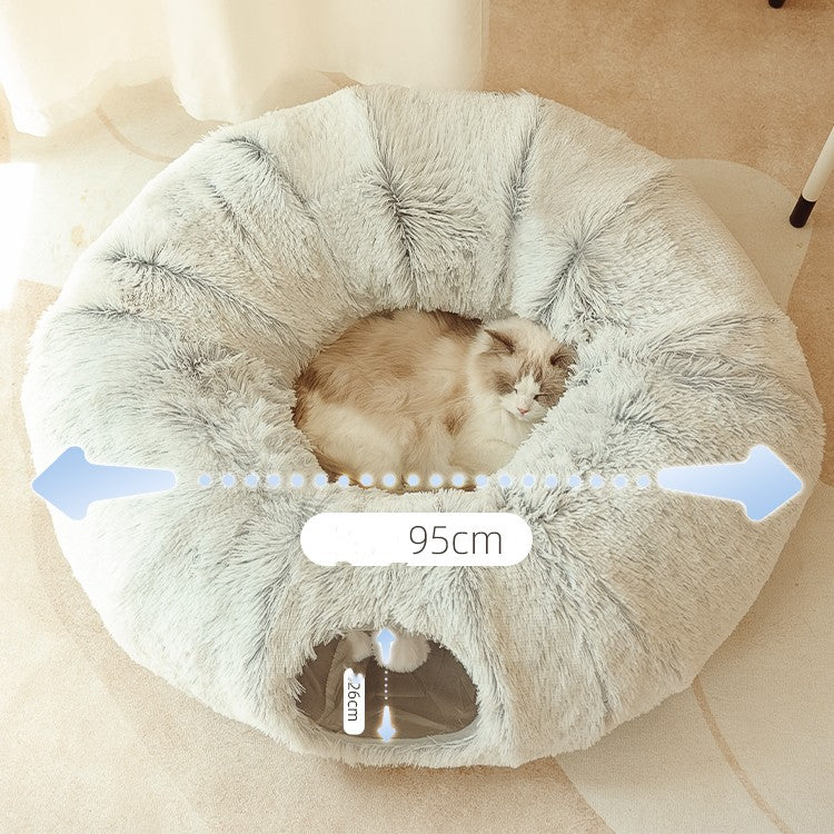 KFX-8765629 Cozy Rainbow and Gray Plush Cat Nest Tunnel for Multiple Cats - 95cm Diameter