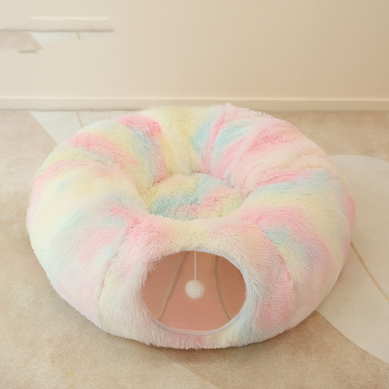 KFX-8765629 Cozy Rainbow and Gray Plush Cat Nest Tunnel for Multiple Cats - 95cm Diameter