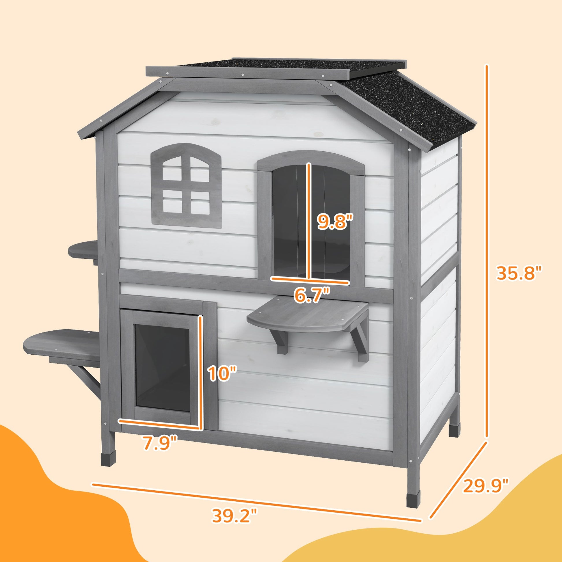 KFX-8771389 2-Story Weatherproof Wooden Cat House with Escape Door and Climbing Ledges - White