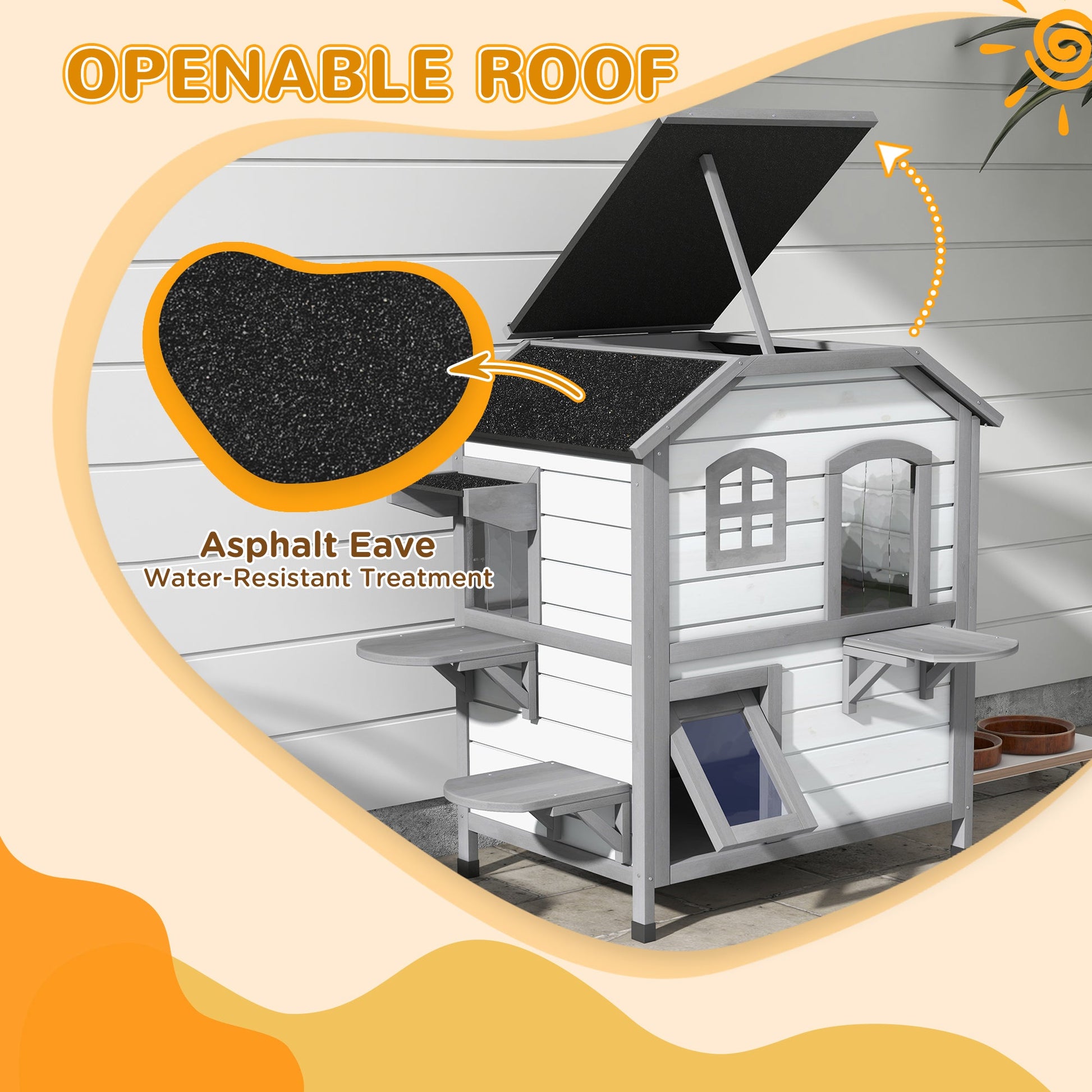 KFX-8771389 2-Story Weatherproof Wooden Cat House with Escape Door and Climbing Ledges - White