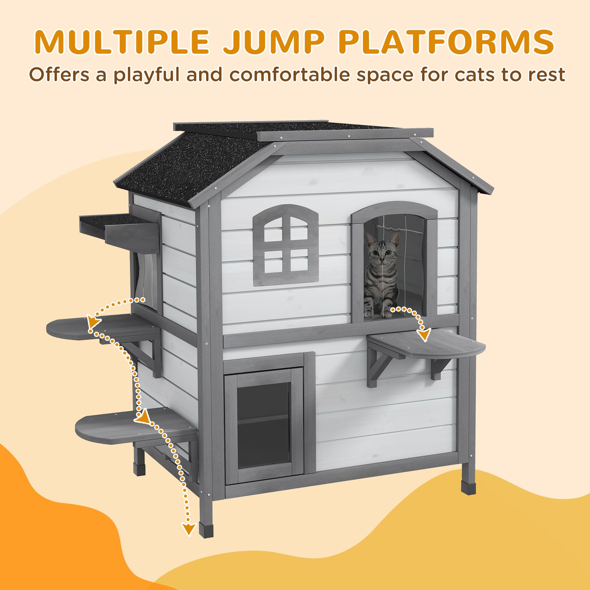 KFX-8771389 2-Story Weatherproof Wooden Cat House with Escape Door and Climbing Ledges - White