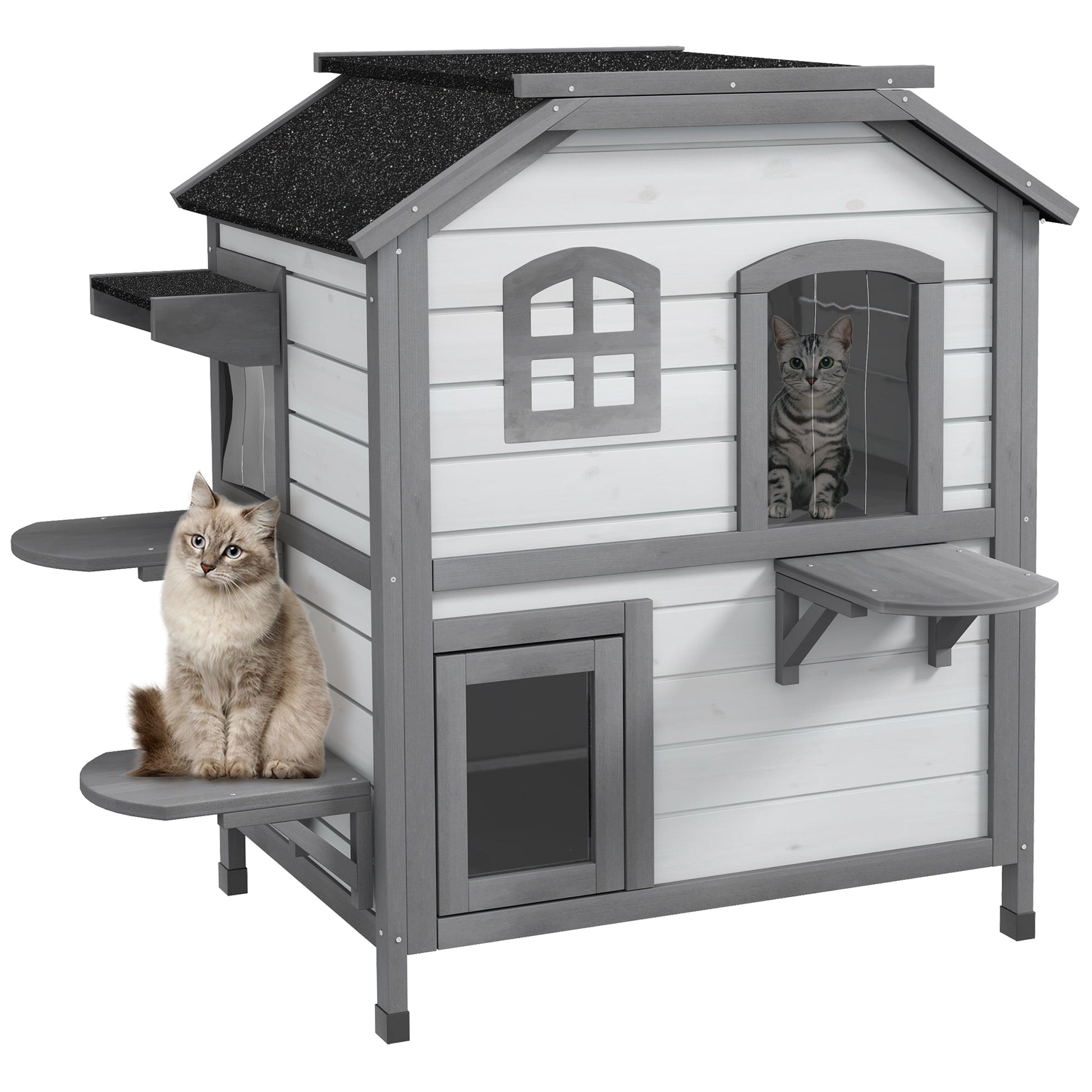 KFX-8771389 2-Story Weatherproof Wooden Cat House with Escape Door and Climbing Ledges - White