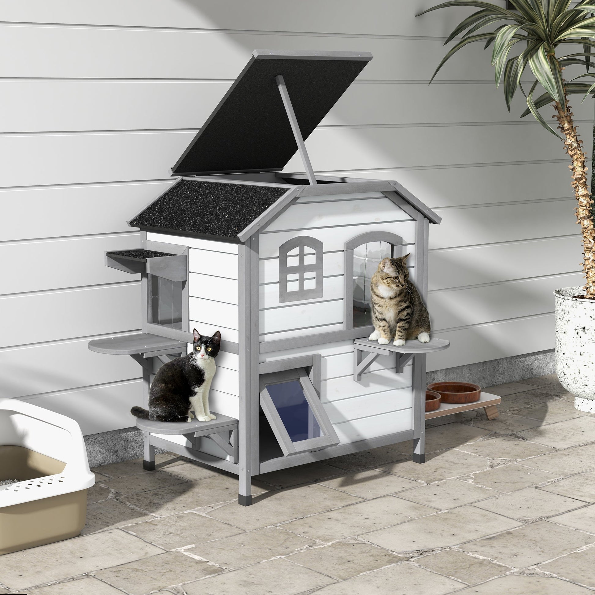 KFX-8771389 2-Story Weatherproof Wooden Cat House with Escape Door and Climbing Ledges - White