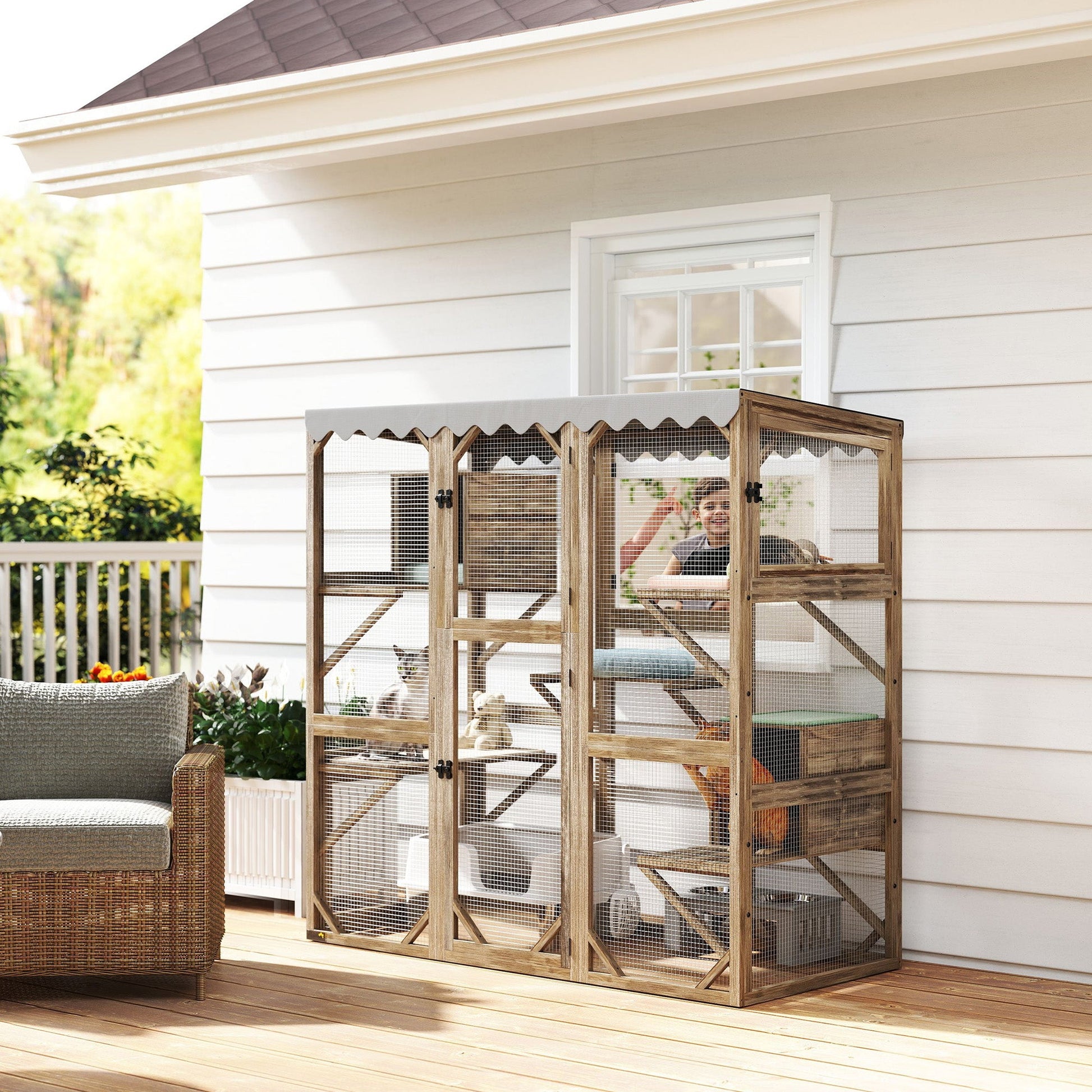 KFX-8774973 Outdoor Cat Enclosure with Window Access, 5 Platforms, 2 Resting Boxes, Waterproof Roof, Brown