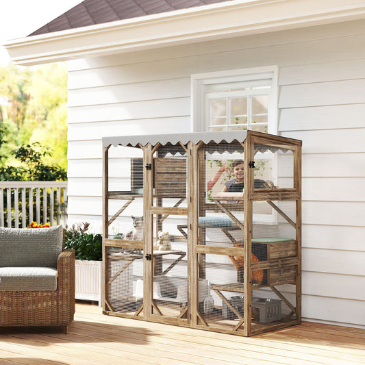 KFX-8774973 Outdoor Cat Enclosure with Window Access, 5 Platforms, 2 Resting Boxes, Waterproof Roof, Brown