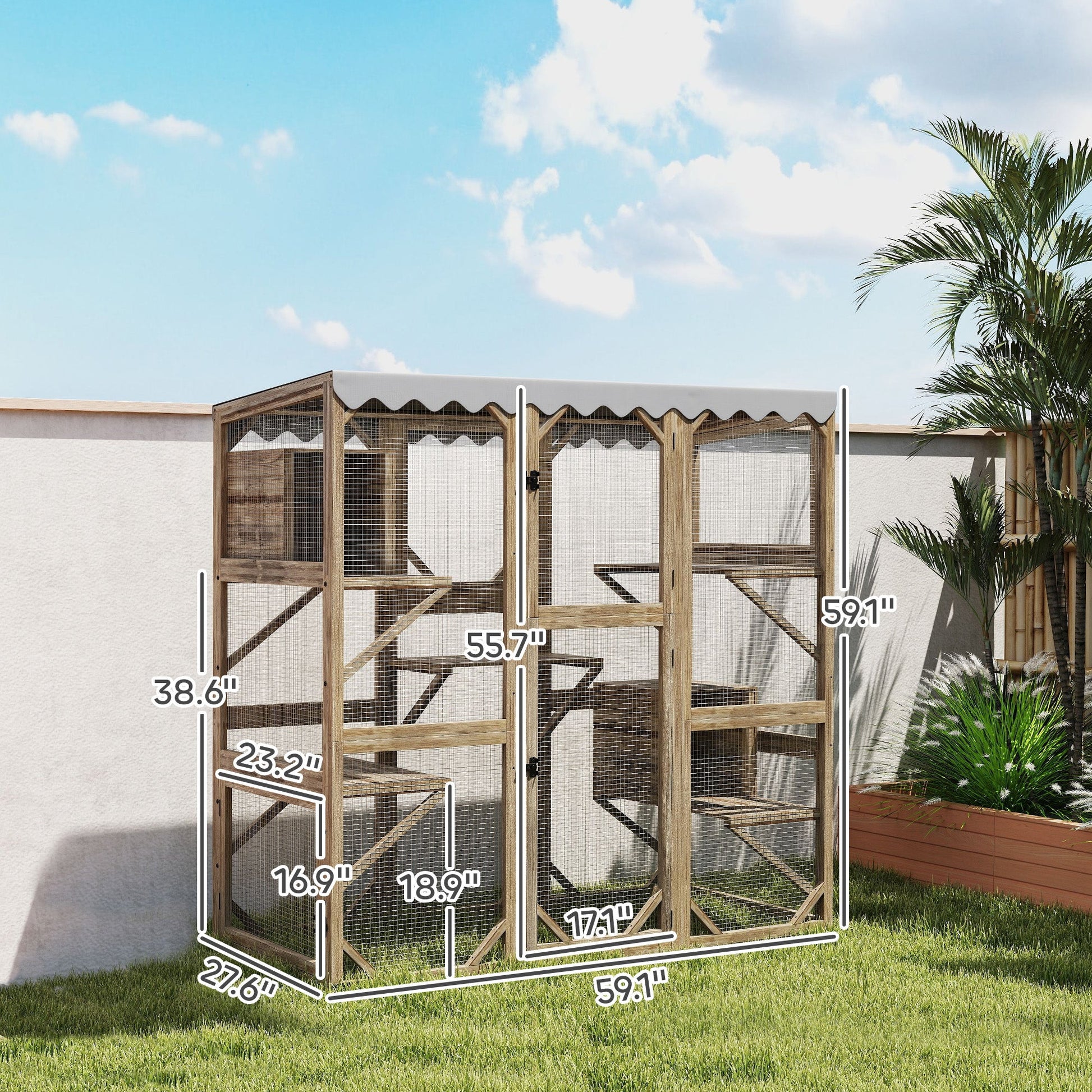 KFX-8774973 Outdoor Cat Enclosure with Window Access, 5 Platforms, 2 Resting Boxes, Waterproof Roof, Brown