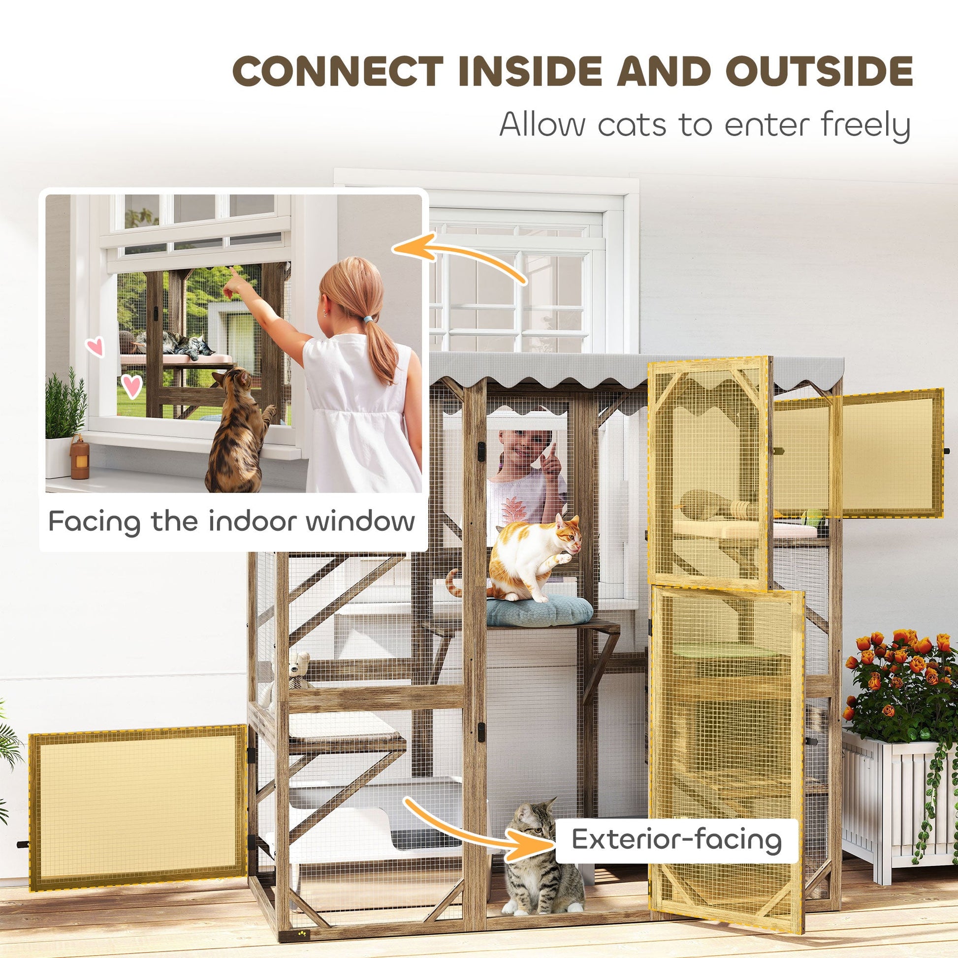 KFX-8774973 Outdoor Cat Enclosure with Window Access, 5 Platforms, 2 Resting Boxes, Waterproof Roof, Brown