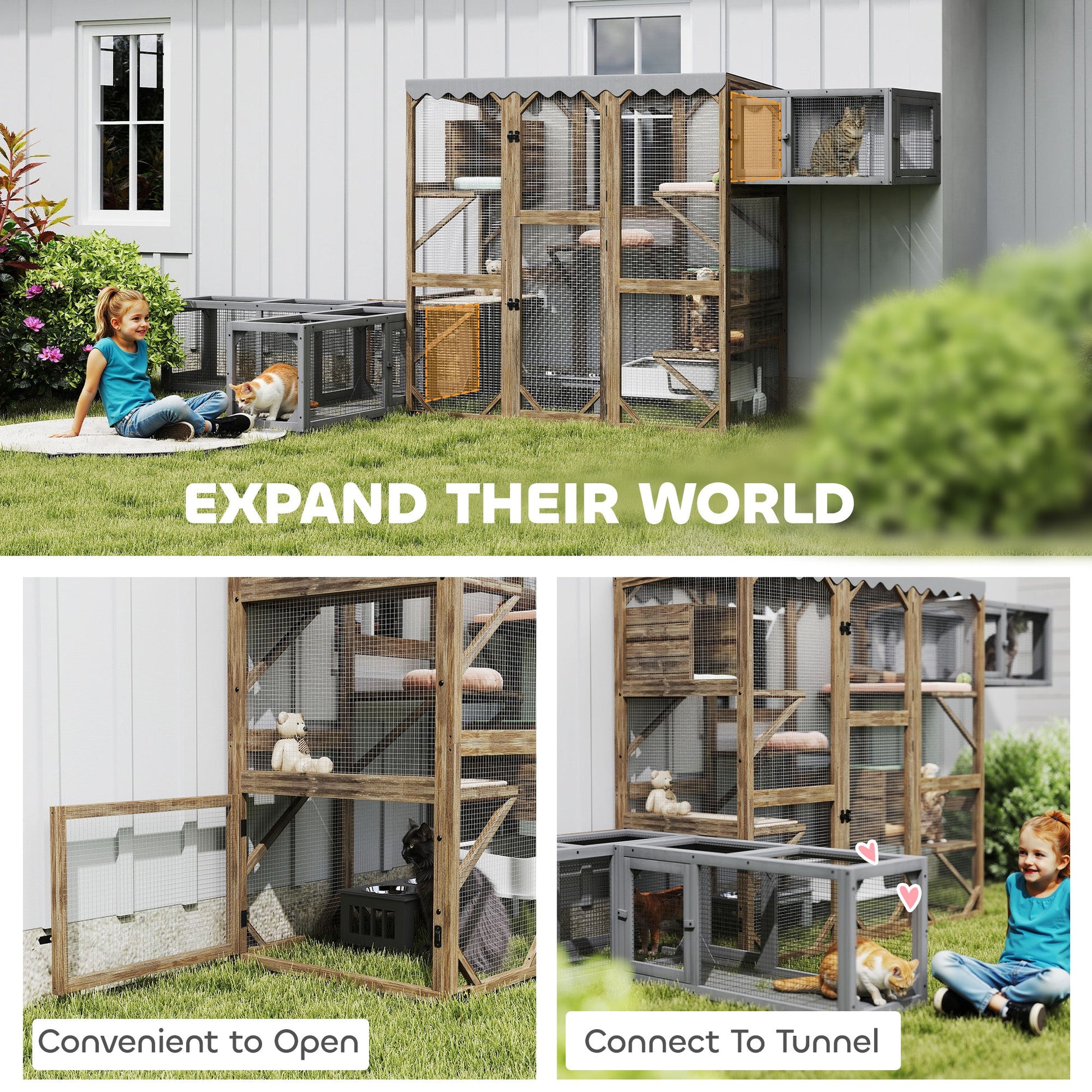 KFX-8774973 Outdoor Cat Enclosure with Window Access, 5 Platforms, 2 Resting Boxes, Waterproof Roof, Brown