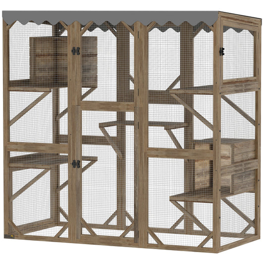 KFX-8774973 Outdoor Cat Enclosure with Window Access, 5 Platforms, 2 Resting Boxes, Waterproof Roof, Brown