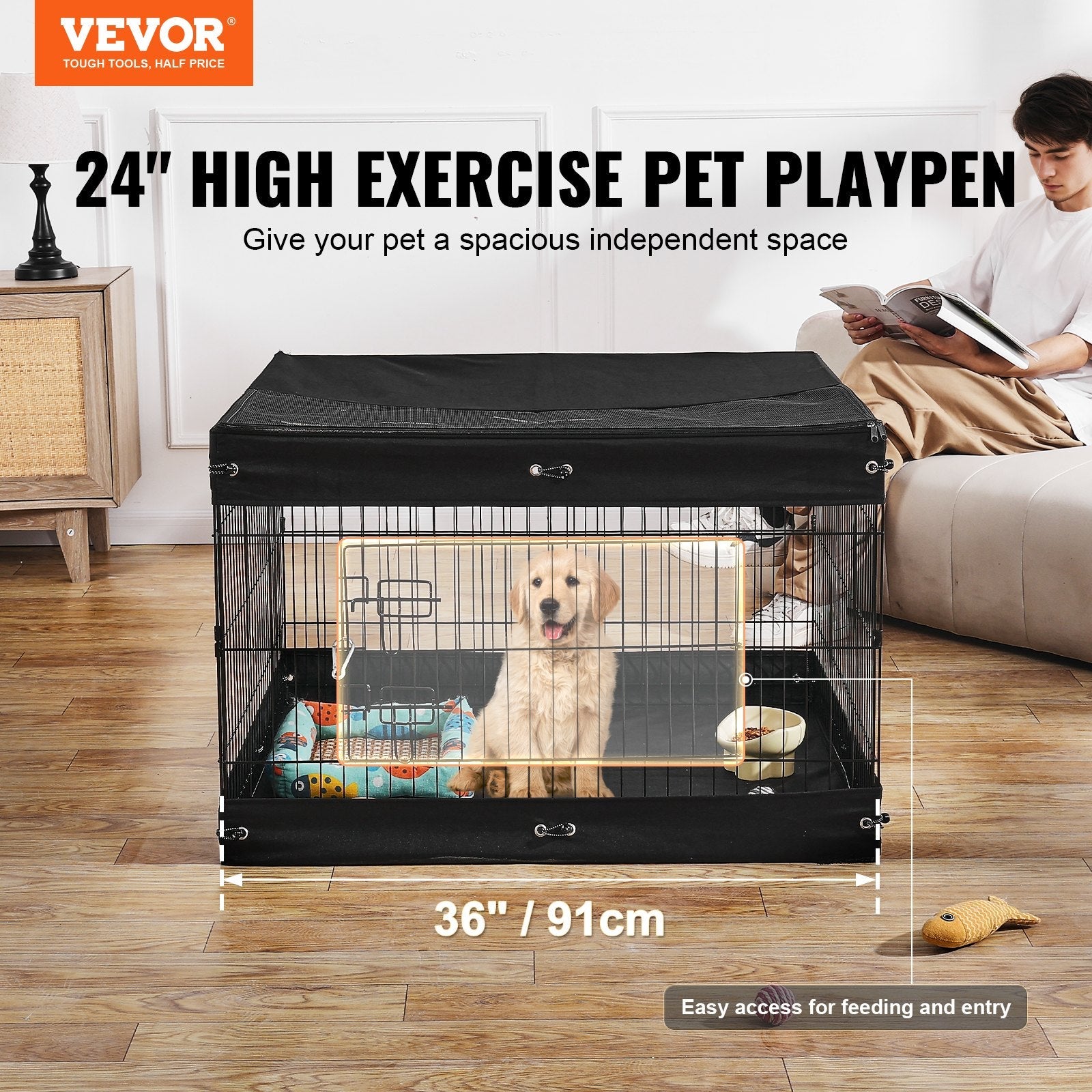 KFX-8778685 Foldable 4-Panel Dog Playpen with Waterproof Bottom Mat and Zippered Top Cover for Small Pets
