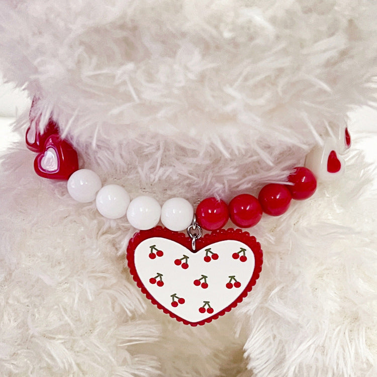 KFX-8779709 Flower Pattern Red Heart Bead Dog Collar in S, M, L Sizes