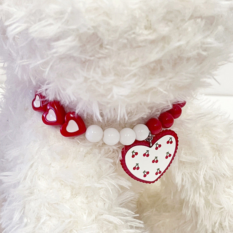 KFX-8779709 Flower Pattern Red Heart Bead Dog Collar in S, M, L Sizes