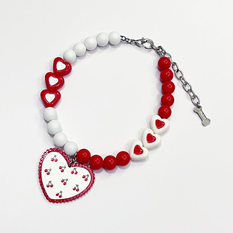 KFX-8779709 Flower Pattern Red Heart Bead Dog Collar in S, M, L Sizes