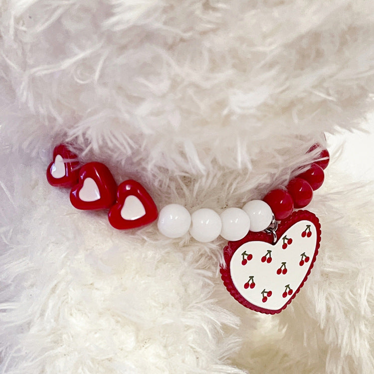 KFX-8779709 Flower Pattern Red Heart Bead Dog Collar in S, M, L Sizes