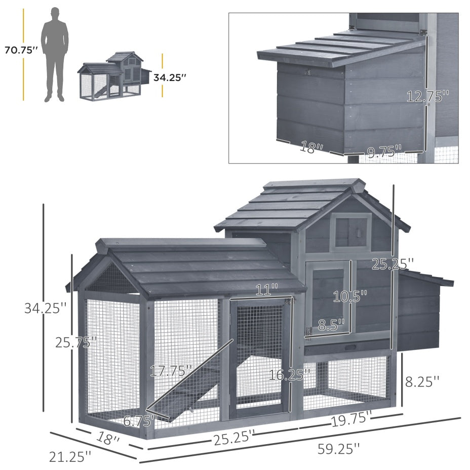 KFX-8780733 Outdoor Solid Wood Chicken Coop Kit with Ventilation - Gray Enclosed House
