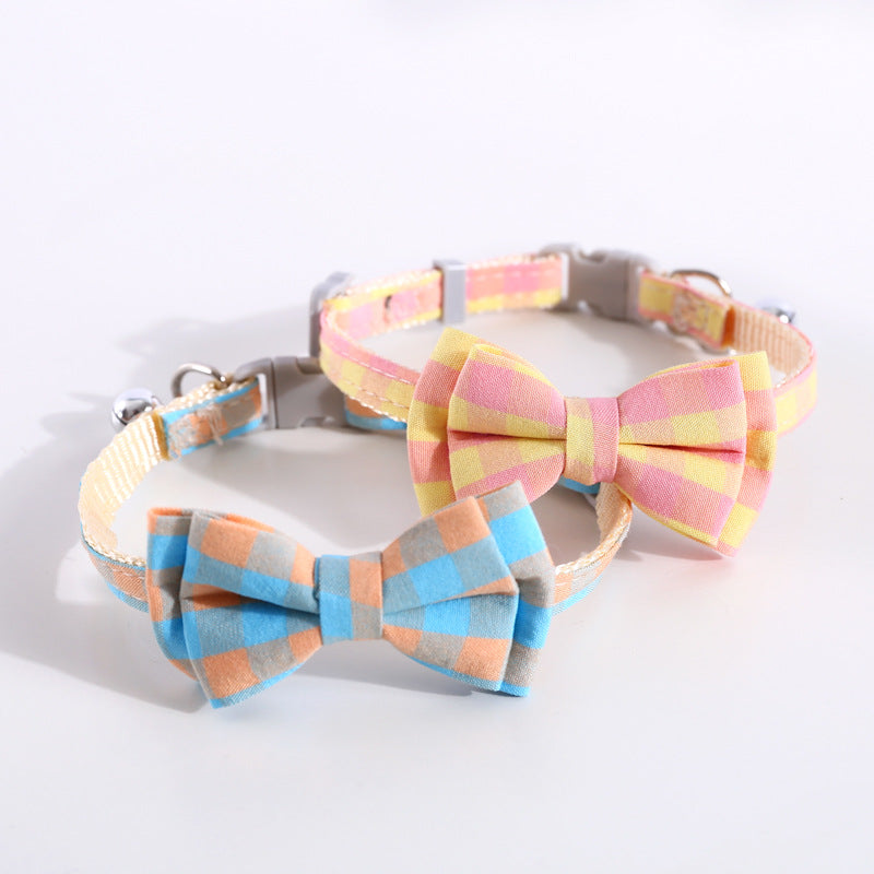 KFX-8784829 Adjustable Double Layer Bow Collar for Pets - Fresh Plaid Designs in Multiple Colors