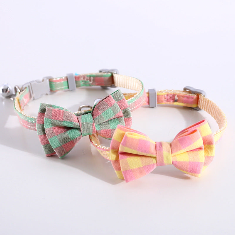KFX-8784829 Adjustable Double Layer Bow Collar for Pets - Fresh Plaid Designs in Multiple Colors