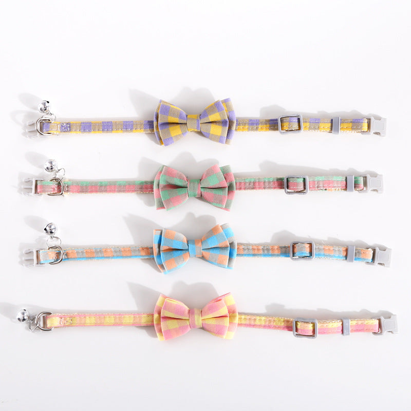 KFX-8784829 Adjustable Double Layer Bow Collar for Pets - Fresh Plaid Designs in Multiple Colors
