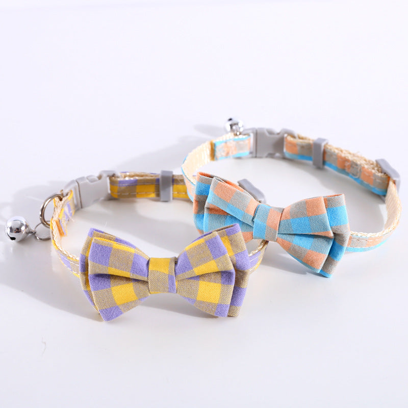 KFX-8784829 Adjustable Double Layer Bow Collar for Pets - Fresh Plaid Designs in Multiple Colors