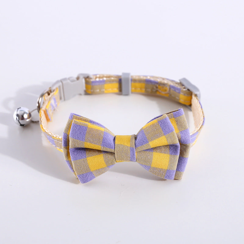 KFX-8784829 Adjustable Double Layer Bow Collar for Pets - Fresh Plaid Designs in Multiple Colors