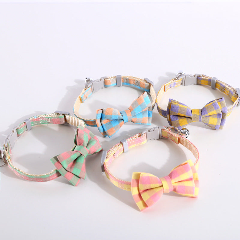 KFX-8784829 Adjustable Double Layer Bow Collar for Pets - Fresh Plaid Designs in Multiple Colors