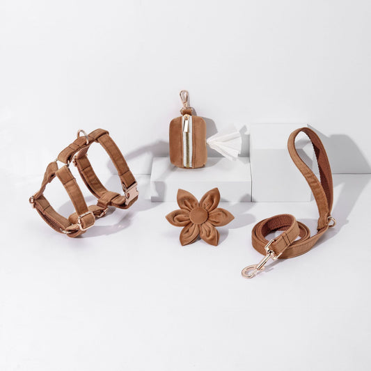 KFX-8786621 Velvet Pet Dog Collar Set with Bow, Chest Harness, and Hand-Holding Rope