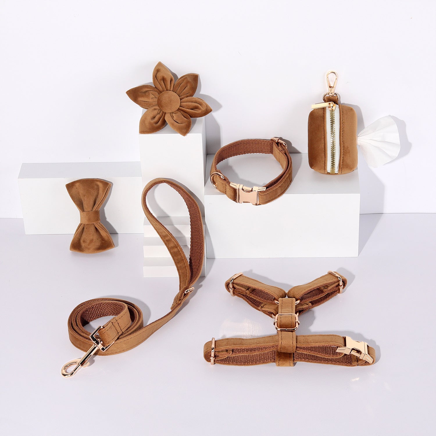 KFX-8786621 Velvet Pet Dog Collar Set with Bow, Chest Harness, and Hand-Holding Rope