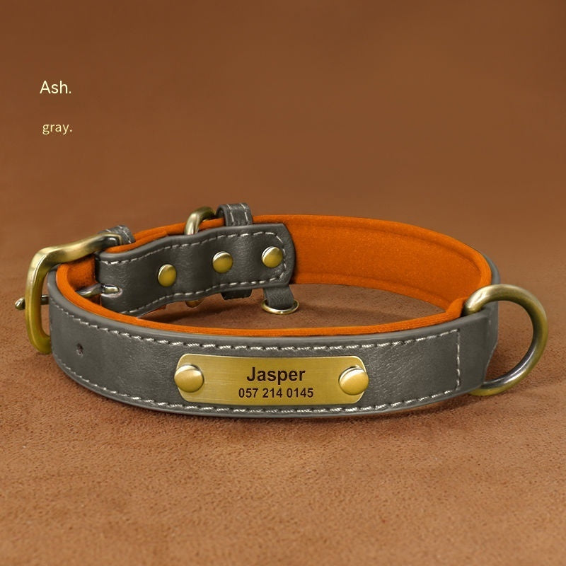 KFX-8794429 Engraved Ultra Fiber PU Dog Collar with Zinc Alloy Buckle - Grey, Brown, Green, Red Options