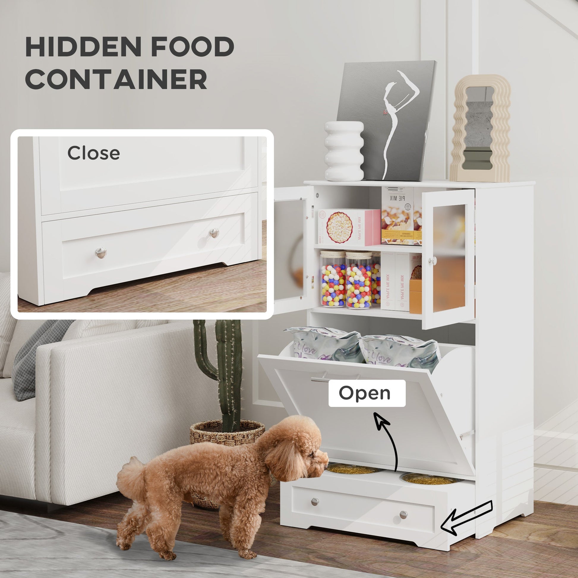 KFX-8794557 Elevated Dog Feeding Station with Storage Cabinets and Side Hooks