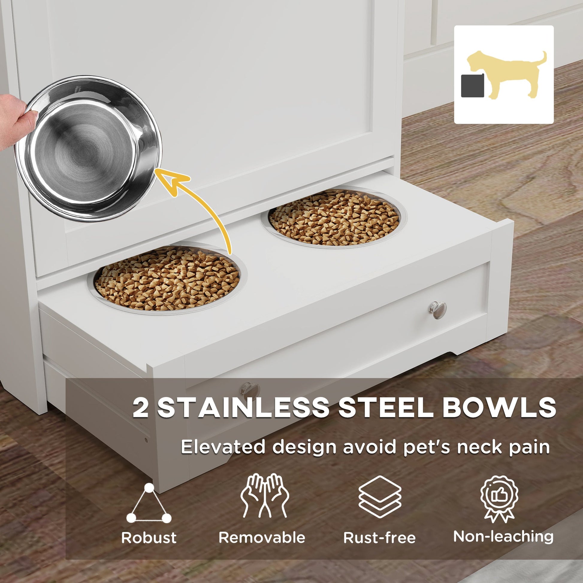 KFX-8794557 Elevated Dog Feeding Station with Storage Cabinets and Side Hooks