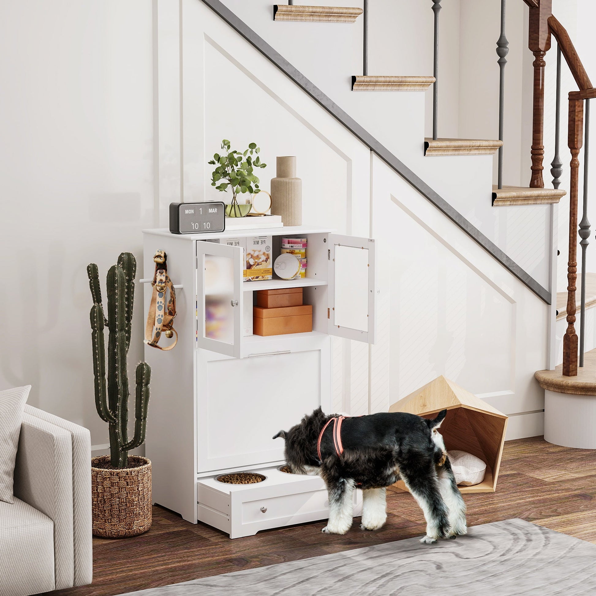 KFX-8794557 Elevated Dog Feeding Station with Storage Cabinets and Side Hooks