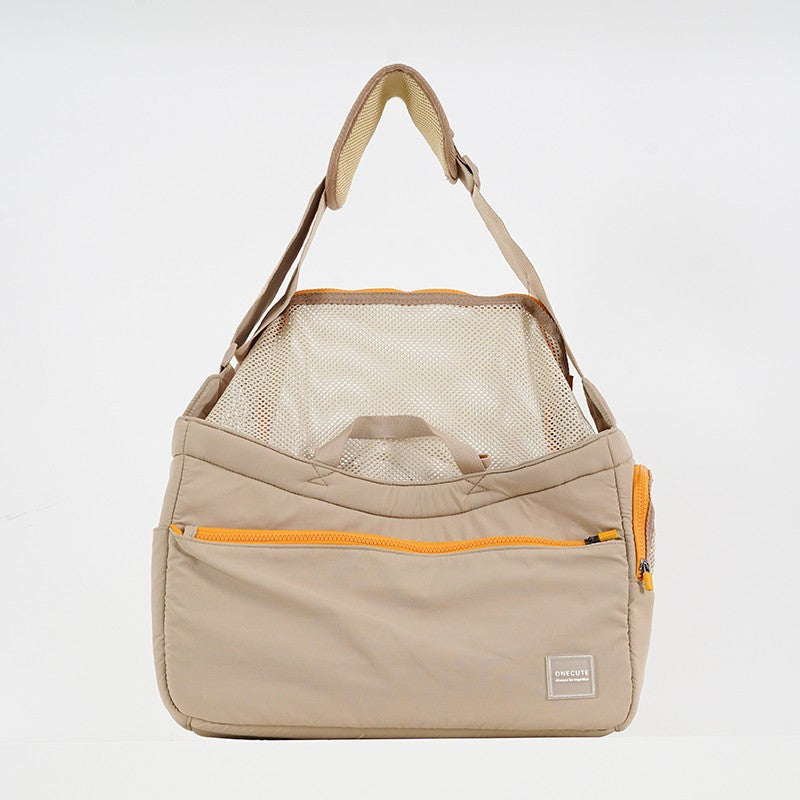 KFX-8794813 Portable Mesh Cat Shoulder Crossbody Pet Bag - Navy Blue & Khaki, 40x14x25cm