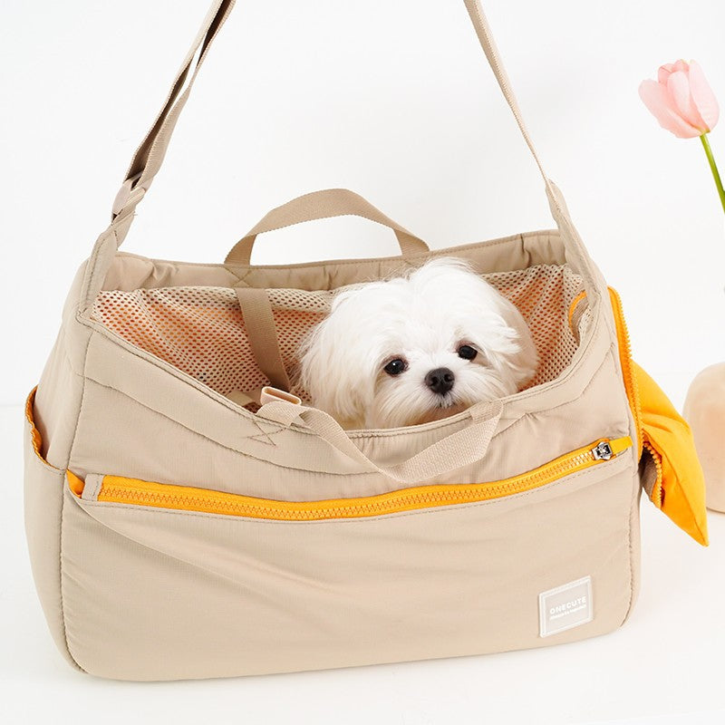 KFX-8794813 Portable Mesh Cat Shoulder Crossbody Pet Bag - Navy Blue & Khaki, 40x14x25cm