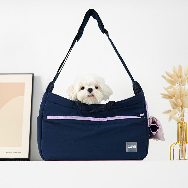 KFX-8794813 Portable Mesh Cat Shoulder Crossbody Pet Bag - Navy Blue & Khaki, 40x14x25cm