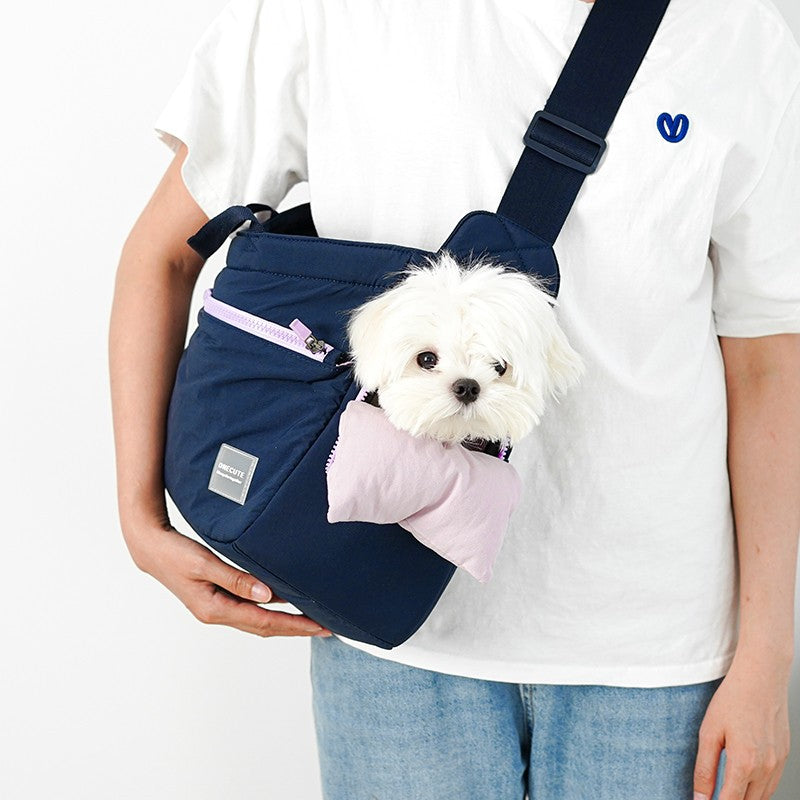 KFX-8794813 Portable Mesh Cat Shoulder Crossbody Pet Bag - Navy Blue & Khaki, 40x14x25cm
