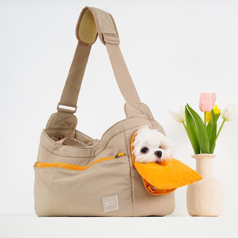 KFX-8794813 Portable Mesh Cat Shoulder Crossbody Pet Bag - Navy Blue & Khaki, 40x14x25cm