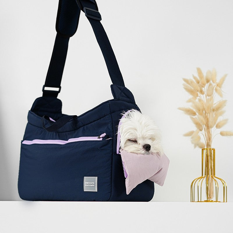 KFX-8794813 Portable Mesh Cat Shoulder Crossbody Pet Bag - Navy Blue & Khaki, 40x14x25cm