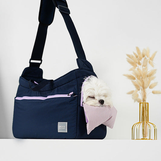 KFX-8794813 Portable Mesh Cat Shoulder Crossbody Pet Bag - Navy Blue & Khaki, 40x14x25cm