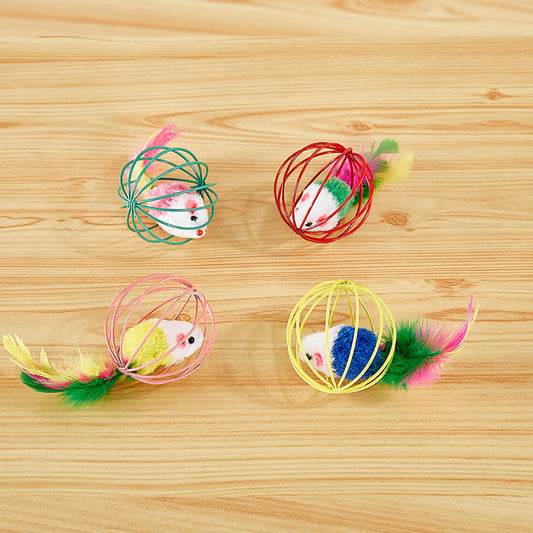KFX-8796989 Colorful Plush Cat Toy Cage with Mouse for Nibbling Playtime