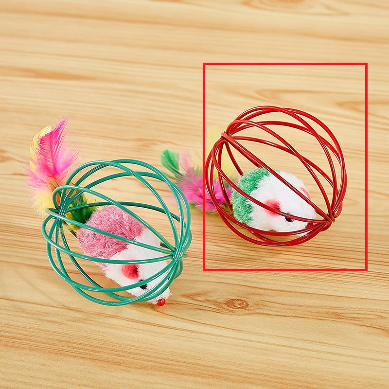 KFX-8796989 Colorful Plush Cat Toy Cage with Mouse for Nibbling Playtime
