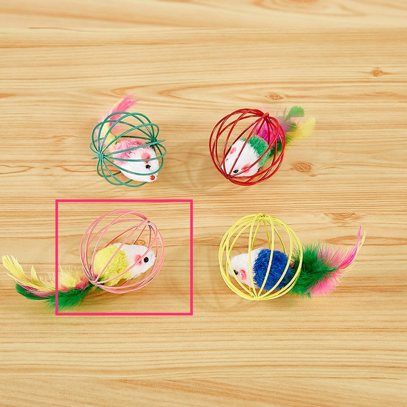 KFX-8796989 Colorful Plush Cat Toy Cage with Mouse for Nibbling Playtime