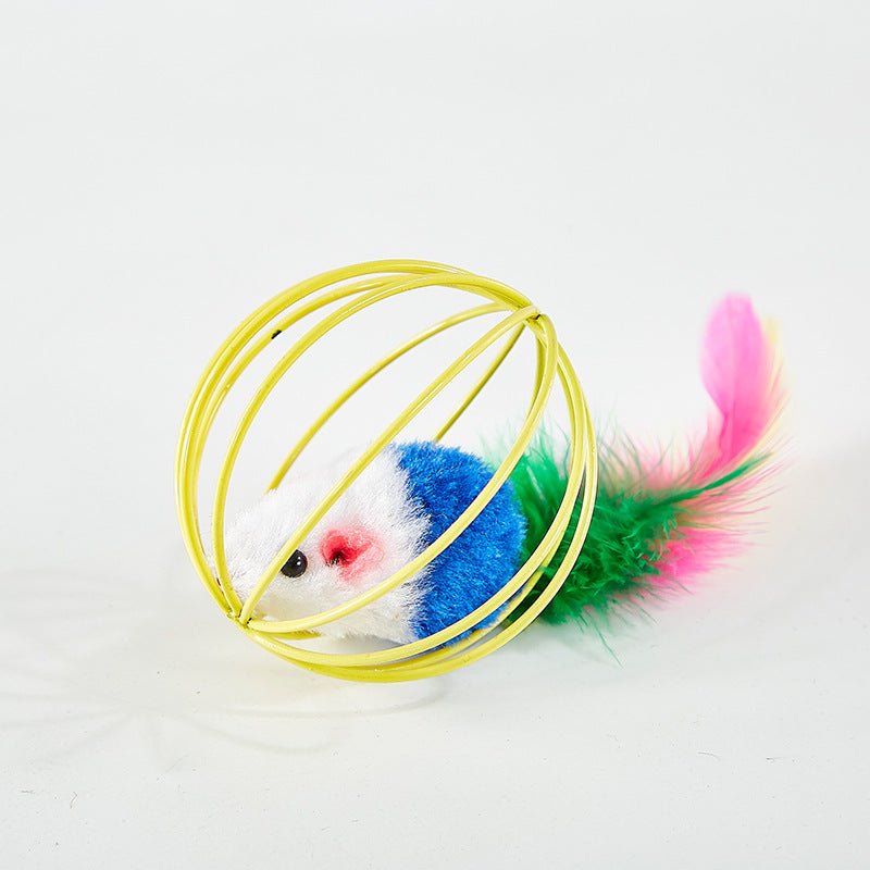 KFX-8796989 Colorful Plush Cat Toy Cage with Mouse for Nibbling Playtime