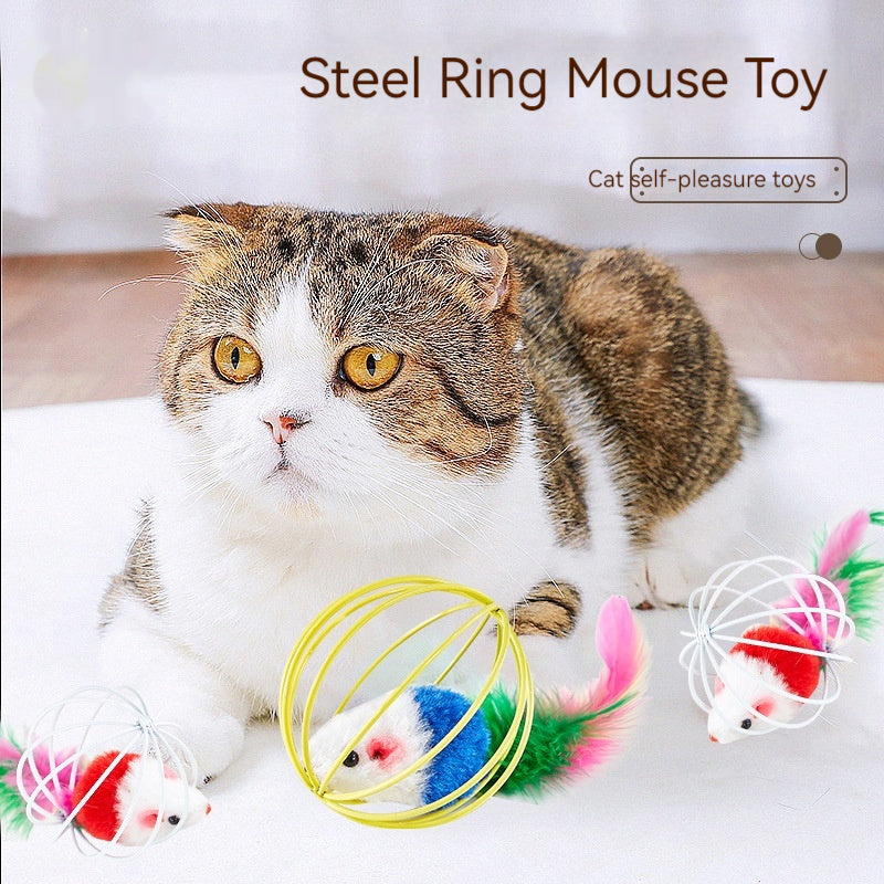 KFX-8796989 Colorful Plush Cat Toy Cage with Mouse for Nibbling Playtime